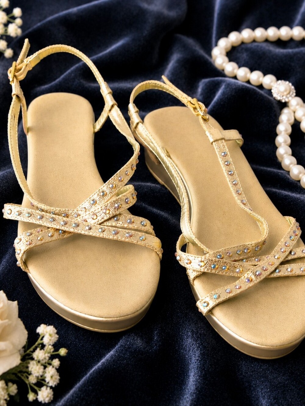 Nine West Gold Dress Sandals Women's Size 8 | Rhinestone Comfort Wedge